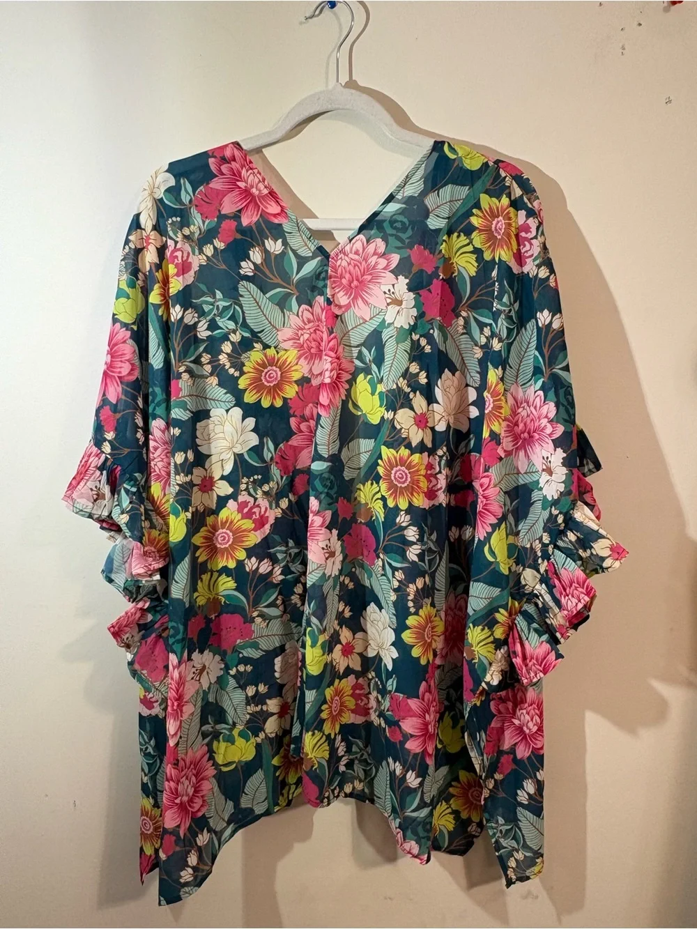 Umgee USA women's 1XL kimono green teal pink floral ruffle short sleeve shawl - Picture 3 of 10